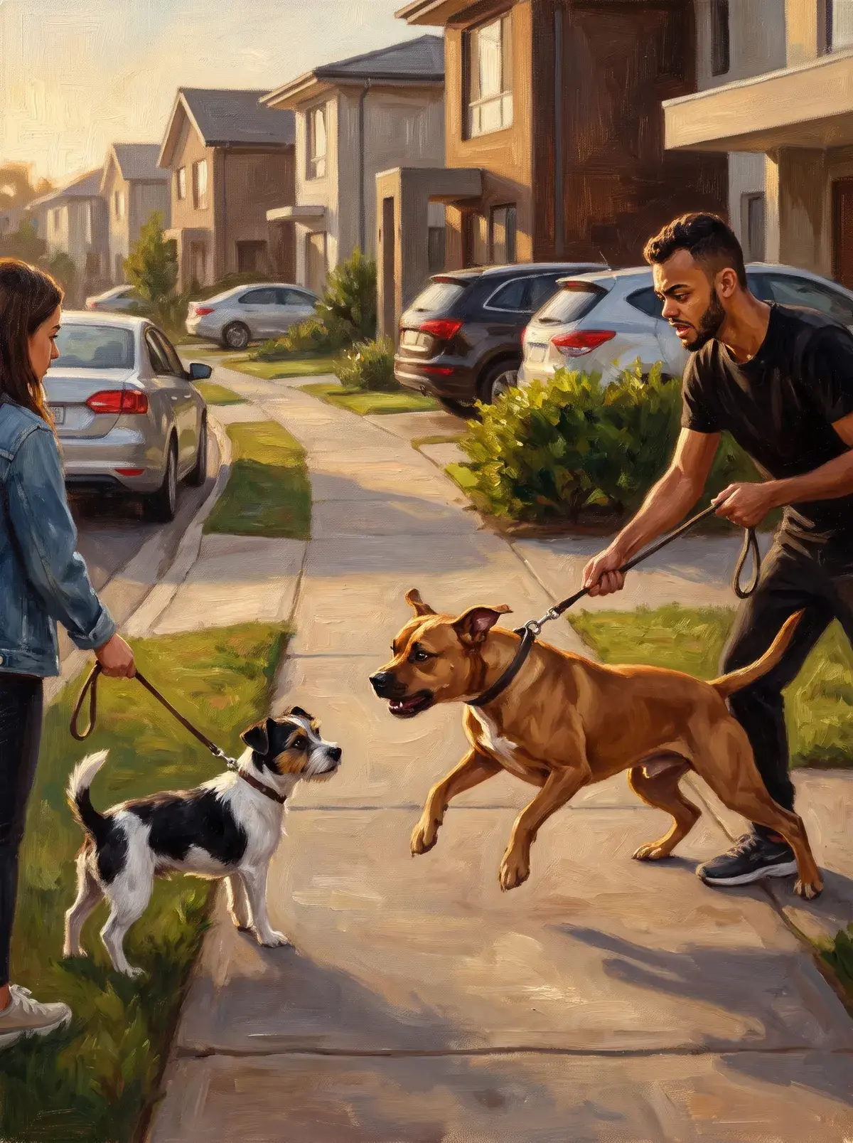 Pintura: cão avançando em outro cão menor na calçada, os dois tutores segurando as guias
