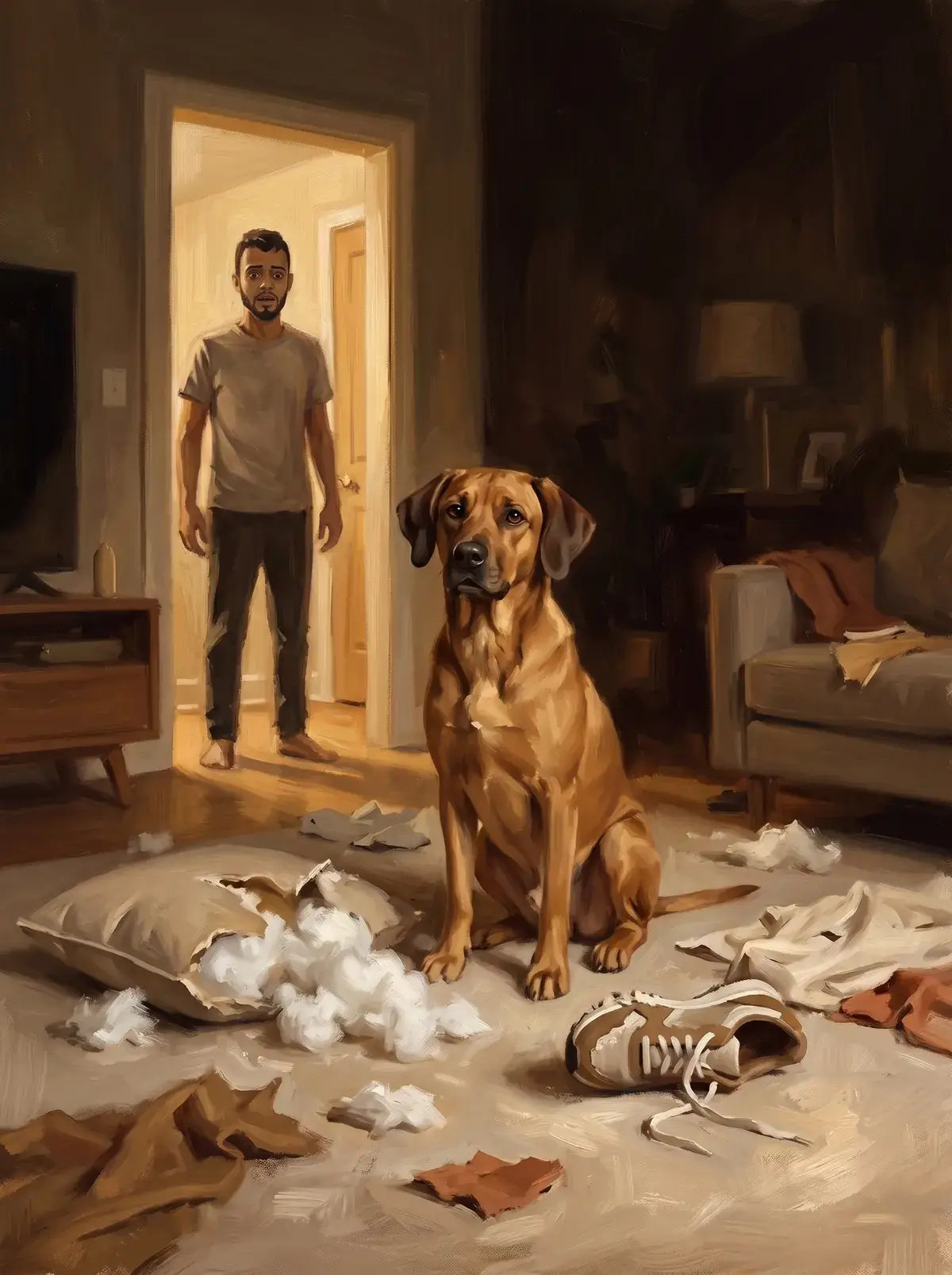 Pintura: sala com almofada rasgada e sapatos roídos, o cão sentado no meio da bagunça