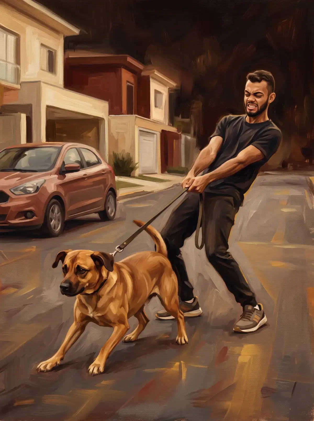 Pintura: homem sendo arrastado na calçada por um cão que puxa a guia