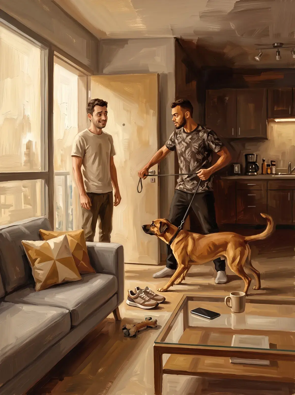 Pintura: cão agitado puxando a guia na direção de uma visita que acabou de entrar