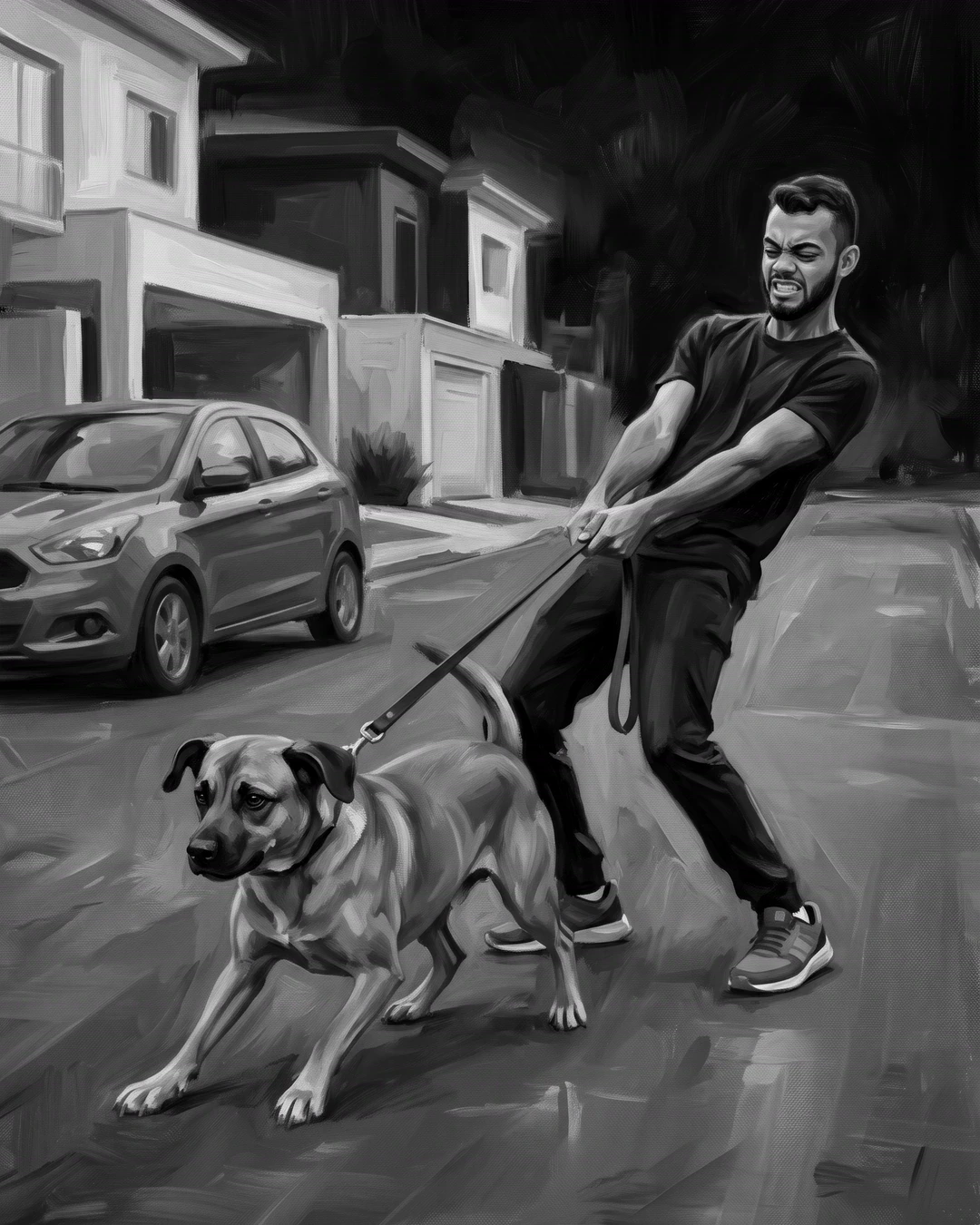O tutor puxando a guia com as duas mãos, inclinado para trás, enquanto o cão crava as patas e puxa para o outro lado numa rua de casas.