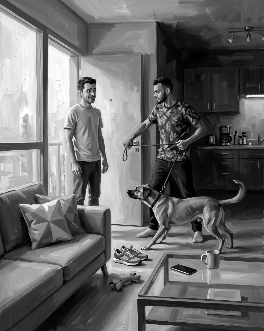 Uma visita parada na entrada da sala enquanto o tutor segura o cão pela guia curta, e o cão avança na direção dela.