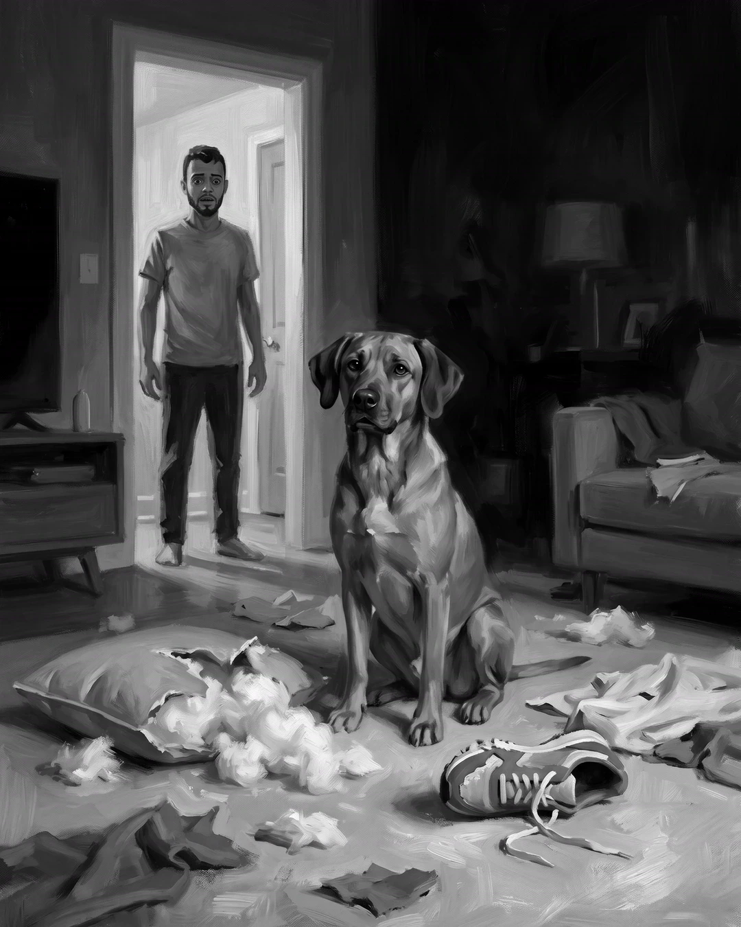 O cão sentado no meio da sala, cercado de enchimento de almofada rasgada e um tênis mordido, com o tutor parado na porta olhando a bagunça.
