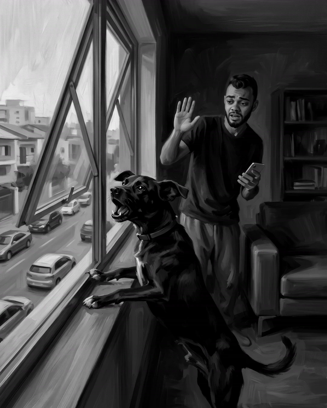 O cão apoiado no parapeito da janela latindo para a rua, e o tutor atrás com a mão levantada tentando acalmar.
