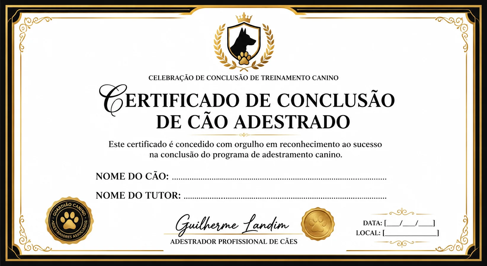Certificado de conclusão de cão adestrado emitido pela Surreal Dogs